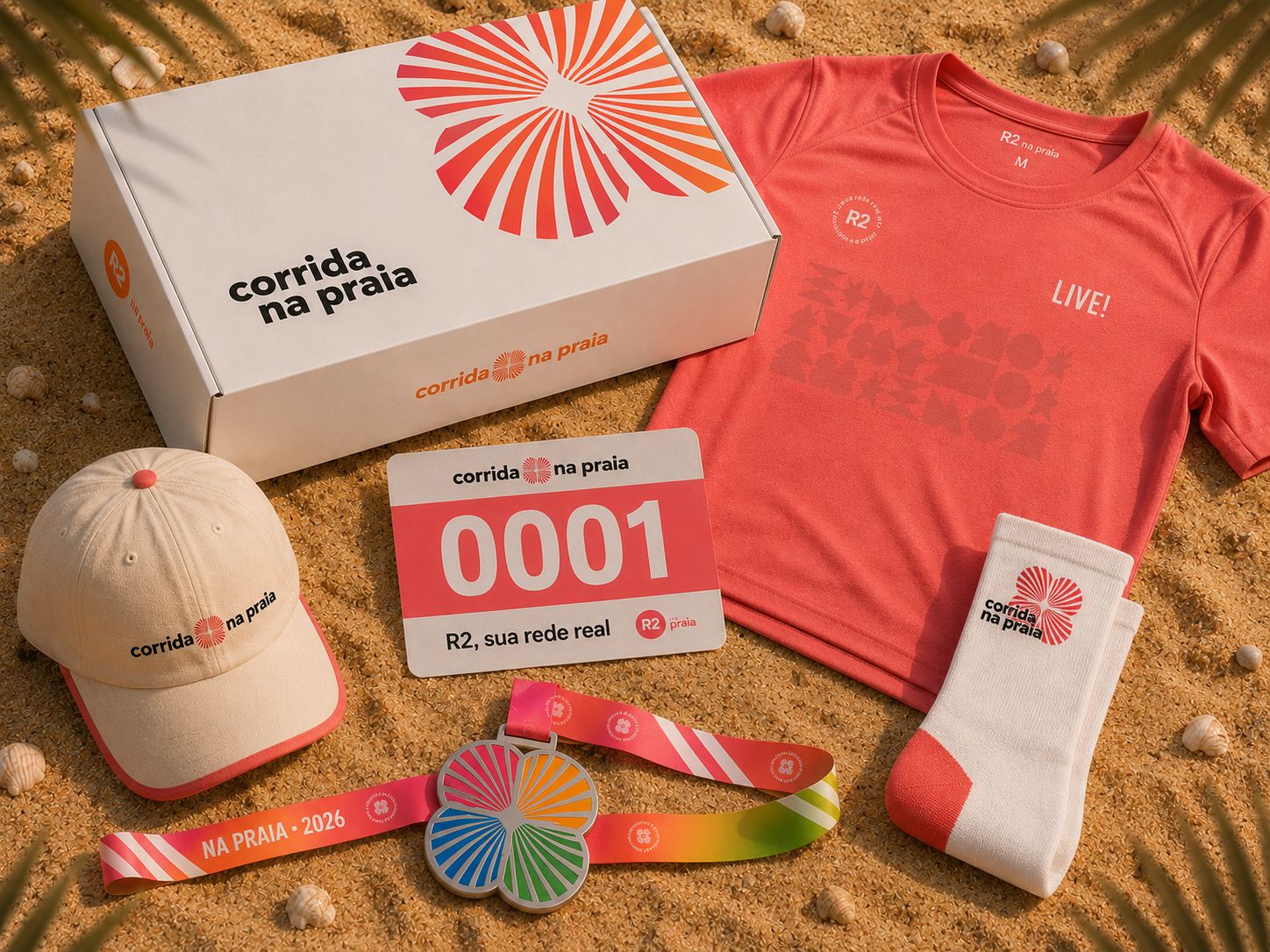 Kit Corrida Na Praia — flat lay na praia